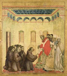 Papst Innozenz III. (1160-1216) genehmigt die Regel, aus dem Predella-Panel von St. Franziskus erhält die Stigmata, um 1295-1300